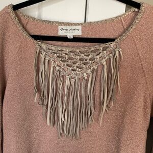 George Anthony size small vintage sweater with leather fringe, braiding detail
